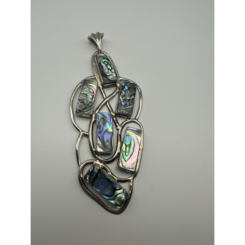 Vntg Mexican 950 Sterling Silver Abalone Shell Abstract Modernist Pendant 4.25"